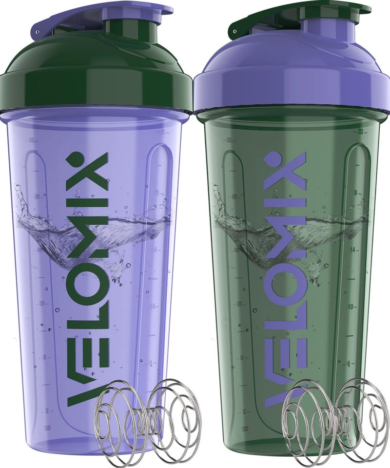VELOMIX -2 Pack- 28 oz Protein Shaker Bottles for Protein Mixes - 2x Wire Whisk | Leak Proof Shaker Cups for Protein Shakes | Protein Shaker Bottle Pack (Green/Purple) - Image 1